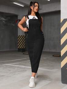 SHEIN EZwear 女士纯色休闲宽松无袖牛仔连衣裙，百搭 - 黑色 - 查看 4