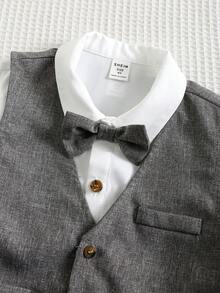 SHEIN 3pcs Young Boy Gentleman Outfit: Gray Vest, Elastic Waist Pants, Bow Tie & Long Sleeve Shirt, Cute Spring/Summer For Toddler Boys - Grey - View 3