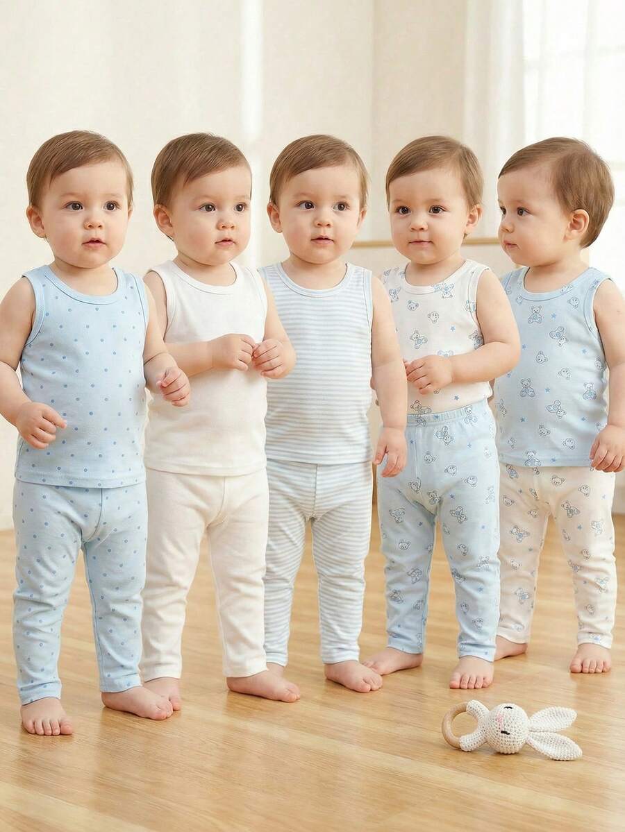 Souflis Souflis 5件套婴儿/男童休闲百搭图案打底裤，日常百搭，Hello World图案，四季皆宜 - 彩色 - 查看 1