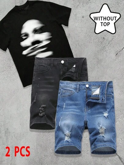 青少年男童时尚休闲 Y2K 复古酷炫街头风蓝黑弹力镂空紧身牛仔短裤两件套，适合儿童日常穿着、春夏派对、节日和街头服饰。