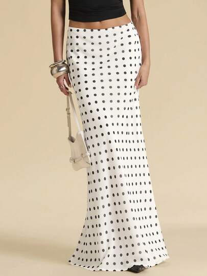 SHEIN BAE Polka Dot Low Waist Fishtail Sheer Long Skirt For Women, Summer Polka Dot Skirt, Sheer Long Skirt, Elegant Skirt, Polka Dot Skirt
