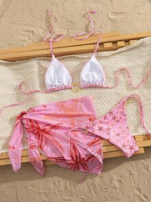 Swim Vcay 2026 Spring/Summer New Mesh Starry Print Triangle Halter Women Beach Vacation Swimsuit Set - Pink - View 2