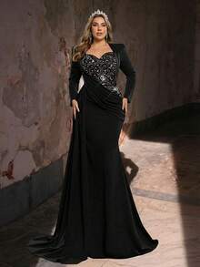 Aureia Plus Size Elegant Romantic Black Long Sleeve Luxury Sequin Patchwork Elastic Fabric Waist Ruched Mermaid Hem With Side Slit Dress, Suitable For Wedding, Party, Formal Occasion, Gala (Heavily Embellished Design) - Black - View 7