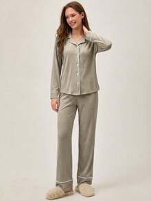 EURMUSE Classic Button Front Pajama Set – Soft Long Sleeve Top & Comfy Straight Leg Pants Loungewear - Beige - View 3