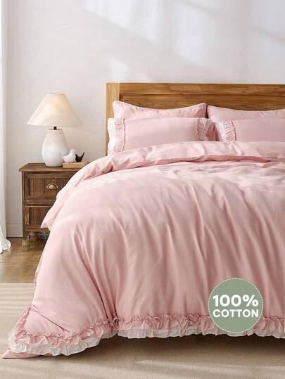 Three-Piece Set Of 100% Cotton, Solid Color Pink And White Double-Layer Ruffle Edge Pure Cotton Quilt Cover Set (1 Quilt Cover + 2 Pillowcases, Without Quilt Core), Pastoral Farmhouse Style Bedding, French Romantic Style Bedding, Washable Breathable And Light Fabrics, Bedroom And Room Decoration, Ideal Gifts, Exquisite Bedding