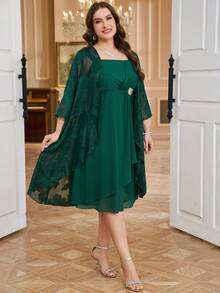 Ellevyn 大码女式镂空前开衫和腰部水钻装饰褶皱肩带连衣裙优雅套装 - 墨綠色 - 查看 6