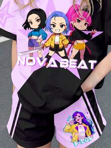 返校季卡通女孩撞色紫色和黑色少女休闲简约短袖T恤和短裤两件套，适合夏季、休闲校园运动风、户外野餐、郊游、街头拍照 - 彩色 - 查看 6