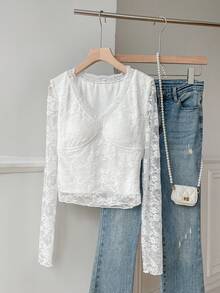 SHEIN EZwear 白色蕾丝针织修身浪漫上衣 - 白色 - 查看 5
