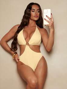 Swim SXY New Textured Fabric Metallic Strap V-Neck Sexy Bodysuit For Women - Yellow - View 5