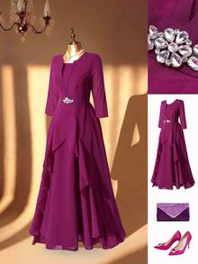 Ellevyn 大码女式优雅水晶装饰收腰连衣裙，秋冬款 - 中紫紅色 - 查看 10