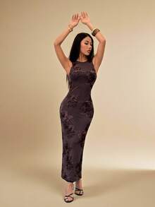 SHEIN PETITE 女士性感花卉重工刺绣露背系带派对连衣裙，简约优雅，适合派对、聚会、约会、外出等场合 - 棕色 - 查看 5