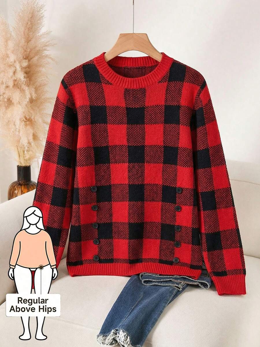 EMERY ROSE Autumn/Winter New Casual Versatile Houndstooth Design Round Neck Long Sleeve Pullover Sweater With Black Decorative Buttons For Women, Fitted Waist - Multicolor - View 1