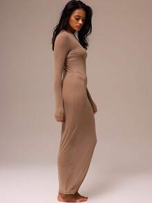 MUSERA ESSENTIALS 圆领长袖薄纱网纱长款连衣裙，春夜外出性感可爱修身网纱必备优雅夏季长裙 - 駝色 - 查看 3