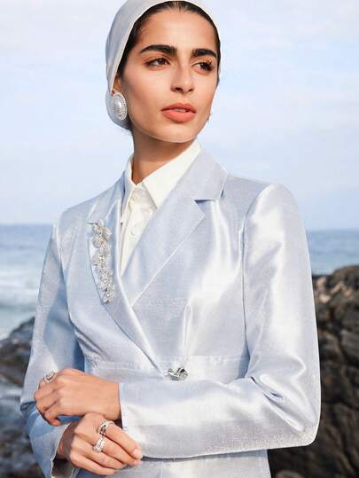 Veilorie Women's Casual/Work Rhinestone Flower Decor Blazer Jacket, Autumn