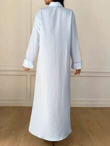 Mulvari Đầm nữ kiểu Ả Rập thêu hoa, cài cúc phía trước, phong cách thường ngày, thích hợp cho mùa thu. - Màu xanh nhạt - Xem 2