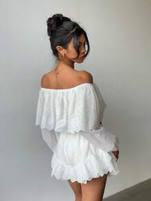 Cévolie Women's Elegant Mesh Embroidered Shoulder Top & Skirt 2 Pieces Set - White - View 2