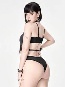 ROMWE Goth Mono sexy de mujer con diseño calado de unicolor y tirantes finos - Negro - Ver 3