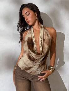 Aloruh Women's Fashion Sexy Tie-Dye Print Plunging Neck Backless Halter Top - Khaki - View 3