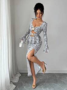 Rafferiza 复古金色纽扣印花碎花开衩下摆女式连衣裙 - 黑與白 - 查看 3