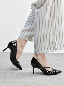 CUCCOO BIZCHIC 杏色多带尖头高跟鞋，性感细高跟女鞋，适合户外、通勤、派对、圣诞宴会等场合 - 黑色 - 查看 4