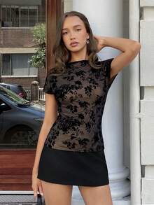 MainGRL  New Romantic Coquette Sexy Style Black Velvet Floral Burnout Sheer T-Shirt, Crew Neck Cap Sleeve Slim Fit Women's Tee, Date Night & Party Outfit, Y2K Aesthetic See-Through Mesh Top - Black - View 5