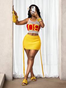 BamGleam Nuevo top deportivo ajustado con rayas huecas y dígitos + falda corta con flecos para mujer - Amarillo - Ver 4