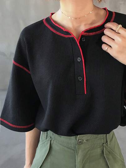 FRIFUL Women's Casual Loose Fit Contrast Color Trim T-Shirt, Versatile For Spring And Summer