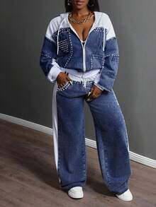 Slaydiva Plus Size Autumn Fashion Color Block Hooded Denim Jacket With Rhinestone Decor  Women Jean Jackets - Blue - View 4
