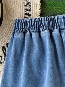 Soleia 女士抽绳腰带口袋休闲百搭日常牛仔短裤 - 中等水洗藍 - 查看 5