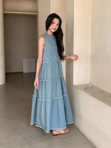 DAZY Vestido de patinadora vaquero con cuello Mao y botones, conjunto de moda para citas de verano para adolescentes - Lavado ligero - Ver 6