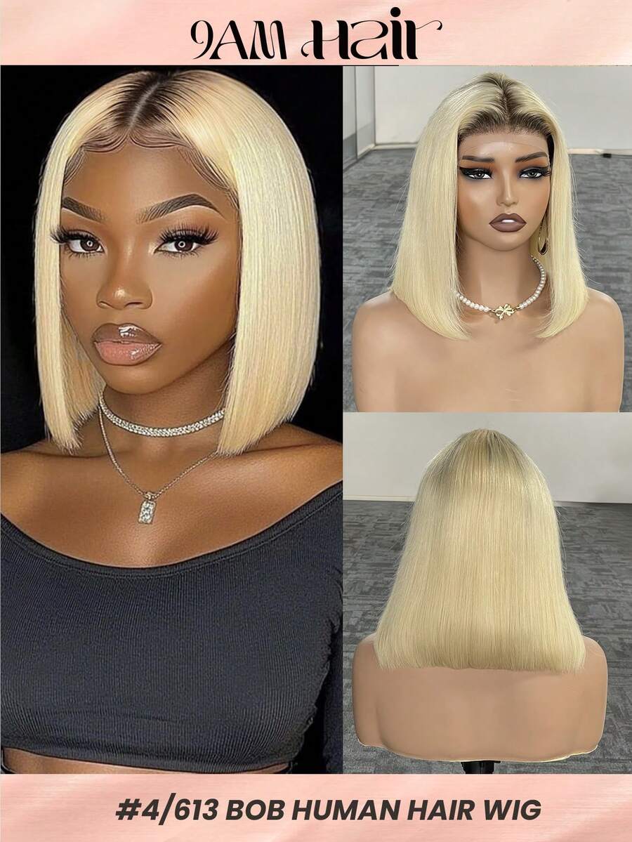 Ombre Blonde Short Human Hair Wigs Bob 4/613 Straight Bob 13x4x1 Transparent Lace Front Human Hair Wig 180% Density Brazilian Skin Melt Lace T Part Wigs Human Hair
