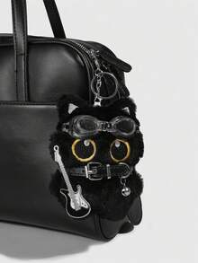 ROMWE Anime 1个可爱黑色飞行员猫玩偶包挂件，朋克摇滚项圈装饰小黑猫3D钥匙扣，吉他装饰动物生日节日礼物，音乐节/返校包装饰。 - 黑色 - 查看 5