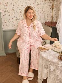 CottageSlumber 泡泡褶皱印花翻领开衫短袖睡衣套装，加大码 - 粉色 - 查看 6