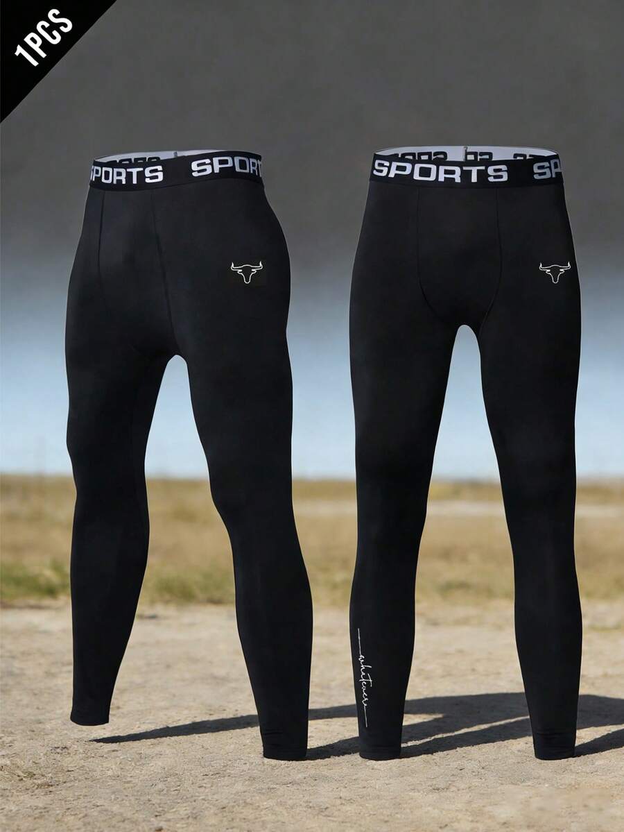Manfinity Sport Corelite 1 Stück Herren Leggings mit Stier-Kopf- und Buchstaben-Muster, elastischer Bund - Schwarz - Übersicht 1