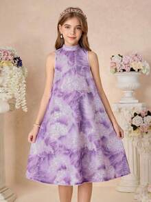 SHEIN Tween Girl Elegant A-Line Stand Collar Sleeveless Dress,Purple Lavender Lilac Princess Partywear For Kids,Light Blue And White,Summer,Elegant,Party - Purple - View 1