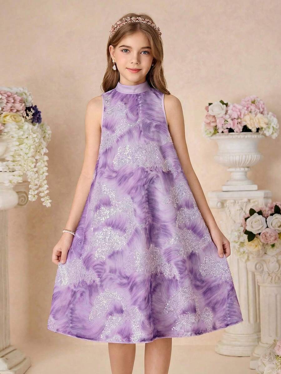 SHEIN Tween Girl Elegant A-Line Stand Collar Sleeveless Dress,Purple Lavender Lilac Princess Partywear For Kids,Light Blue And White,Summer,Elegant,Party - Purple - View 1