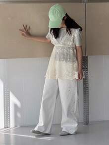 Dazy Kids 少女款带口袋阔腿宽松休闲百搭牛仔裤 - 白色 - 查看 5