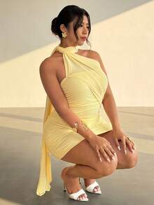 Firerie 大码女士优雅简约性感浪漫假日派对情人节约会生日派对度假垂褶皱紧身迷你连衣裙 - 淡黃色 - 查看 7