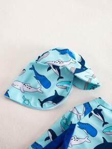 2pcs Baby Boy Swimsuit Set,Whale Cartoon Long-Sleeved Rash Guard With Hat,UPF Sun Protection,Cute Summer Holiday Beach Wear,Aqua Blue Kids Swimwear - Blue - View 4
