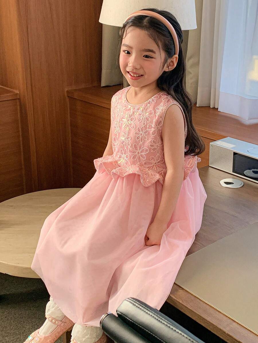 DAZY Girls Toddler Round Neck Sleeveless Tulle Dress, Fall Outfit - Pink - View 1