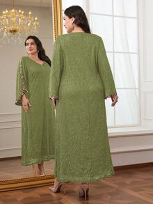 Al Najma Plus Size Women's Lace Decorated Elegant Arabic Style Dress - Green - View 2