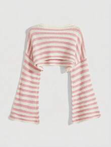 ROMWE Kawaii SpringCute Mori Style Apple Pattern Cropped Loose Flare Sleeve Sweater - Pink - View 2