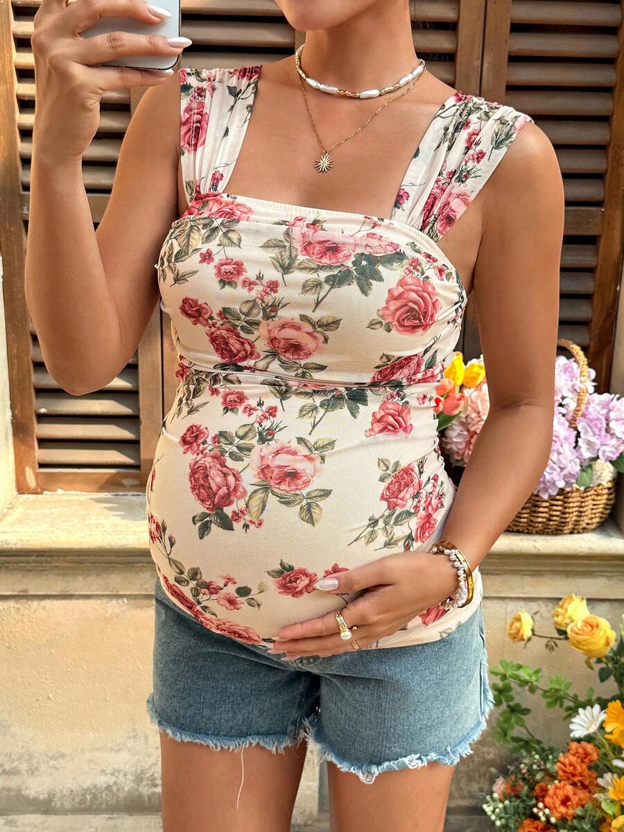 Lyckli 孕婦夏季杏色花卉背心,適合約會,高彈性舒適,適合度假放鬆 - 杏色 - 查看 1
