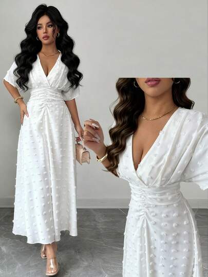 Rafferiza Women's Summer Romantic Elegant Charming Slim Fit V-Neck Short Sleeve Dress With Gathered Back Waist For A Slimming Design, Long Heavy-Fit Textured Floral Cutout Dress