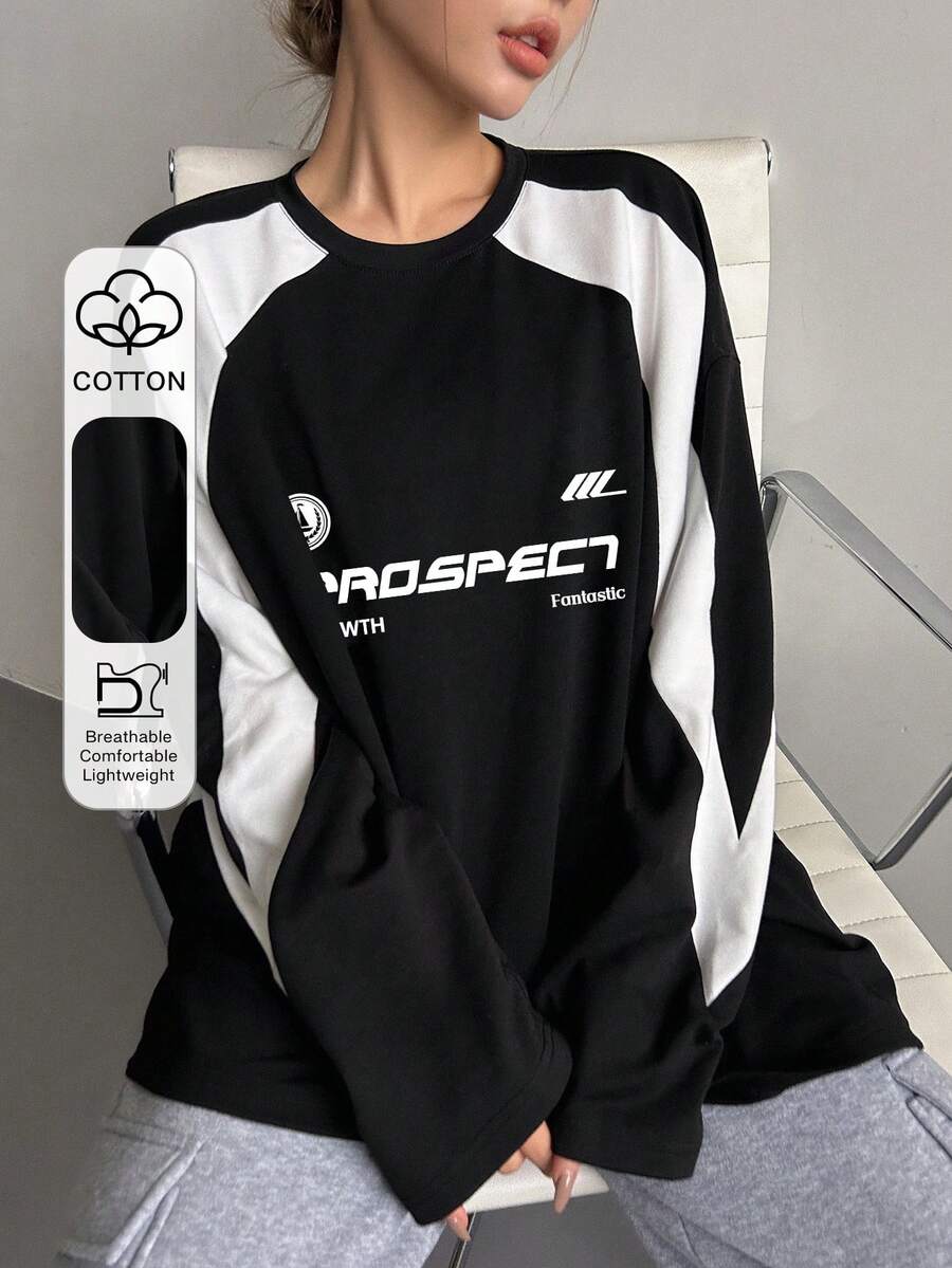 DAZY 字母印花插肩袖长袖T恤衫平纹针织衫、图案T恤