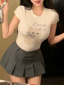 DAZY Women's Casual Cat Print Short Sleeve T-Shirt, Summer - White - View 4