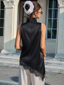 Cévolie Women's Elegant Commuter Solid Color Lace Patchwork Sleeveless Top - Black - View 2