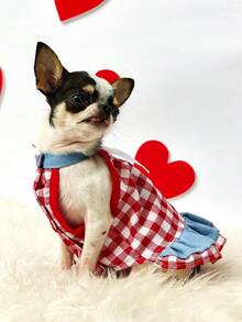 PETSIN Red & White Gingham Pet Dress With 'Heart Patch - Bow Collar & Ruffled Hem Dog Outfit, Cute Casual Summer Dress For Small Dogs & Cats - pink and blue - View 6