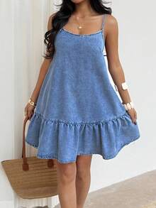 Sunnyshic 女士休闲露背牛仔吊带裙，适合度假和外出穿着 - 藍色 - 查看 3