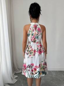 Elenzga Elegant Floral Print Vacation Dress - White - View 2